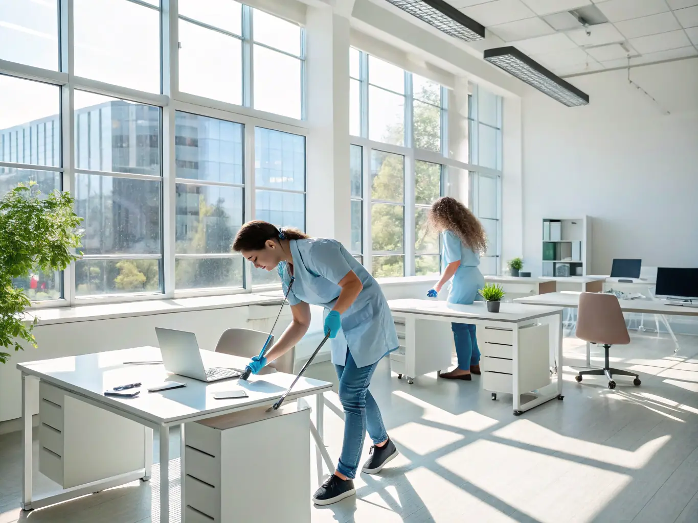 A clean, modern office space with employees working at desks, and a janitorial team maintaining cleanliness with eco-friendly supplies.