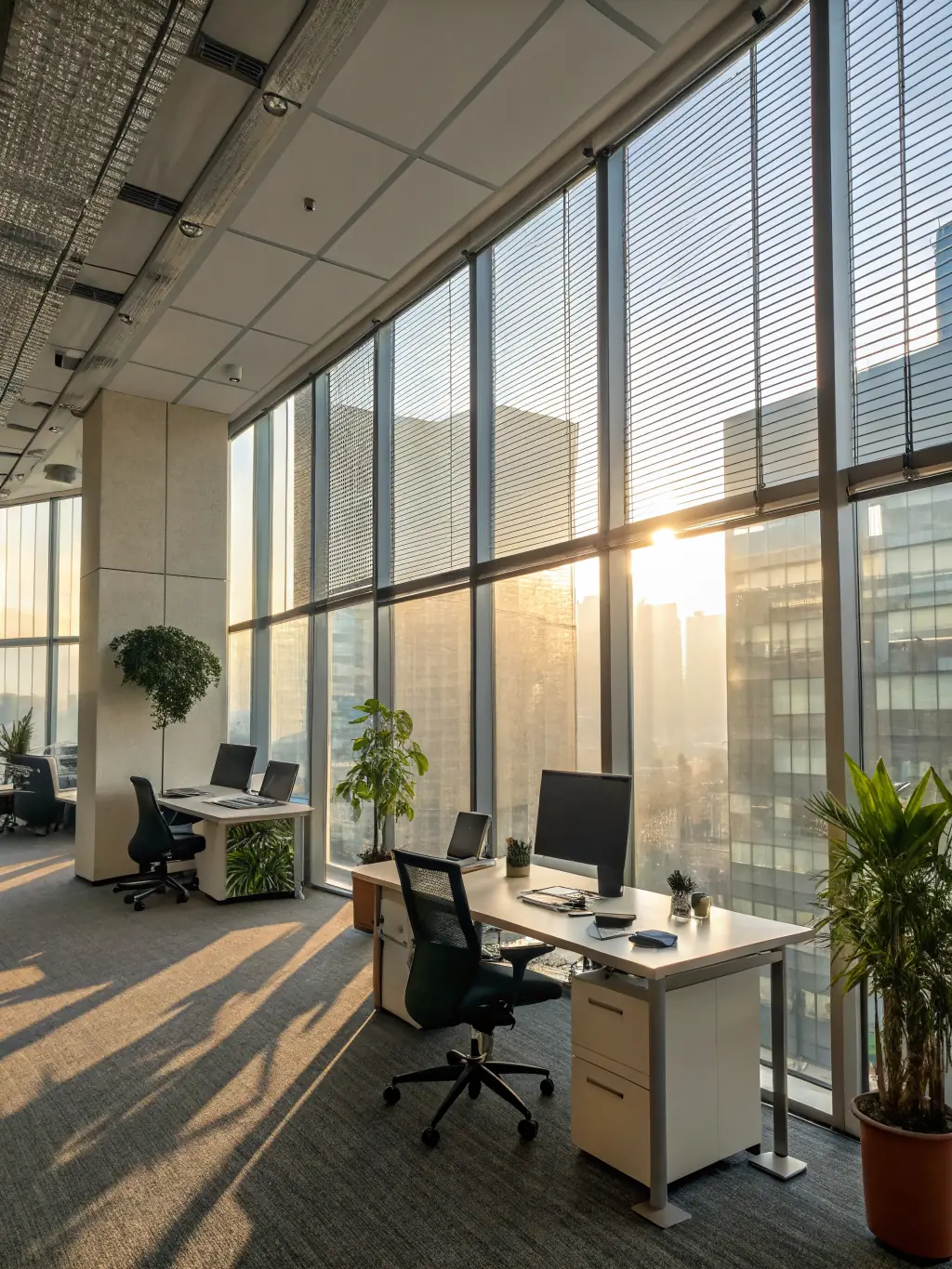 A modern, organized office space with gleaming desks and sanitized surfaces, reflecting the effectiveness of rominacleaners' office cleaning service. Include plants and natural light to convey a healthy workspace.